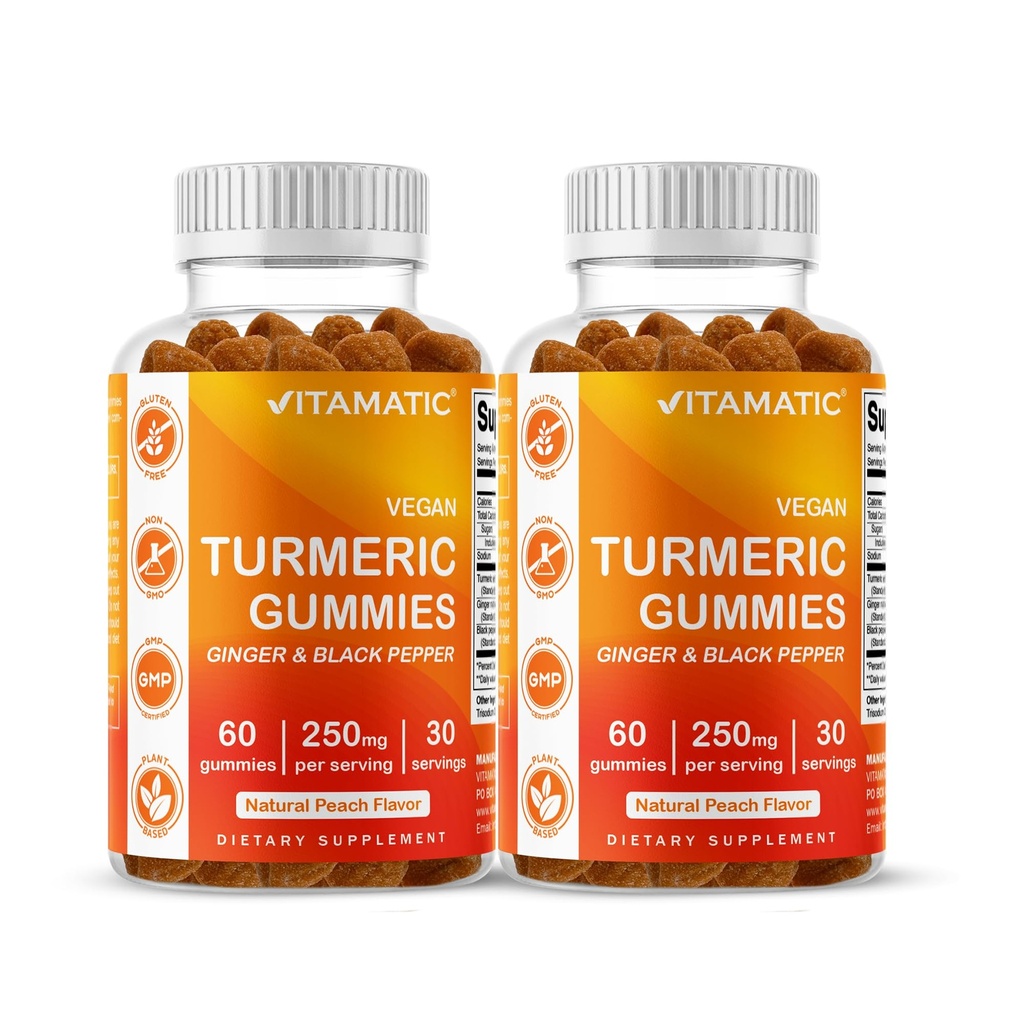 Vitamatic Turmeric Gummy with Ginger & Black Pepper Extract – 60 Gummies Vegan Cada TEN 2 Pack (120 Gummies) 95% Curcuminoides – Powerful Antioxidant &amp; Inflammatory Support
