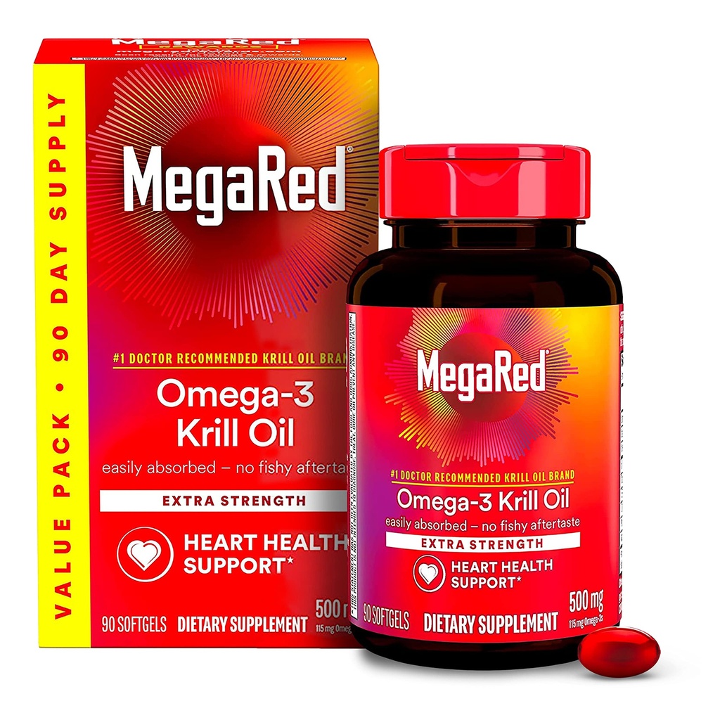 MegaRed Antártico Krill Oil 500mg Omega 3 Fatty Acid Suplemento, Extra Strength EPA & DHA Krill Oil Softgels (90cnt Box), Astaxanthin, Heart Health Supplement with No Fish Oil Aftertaste