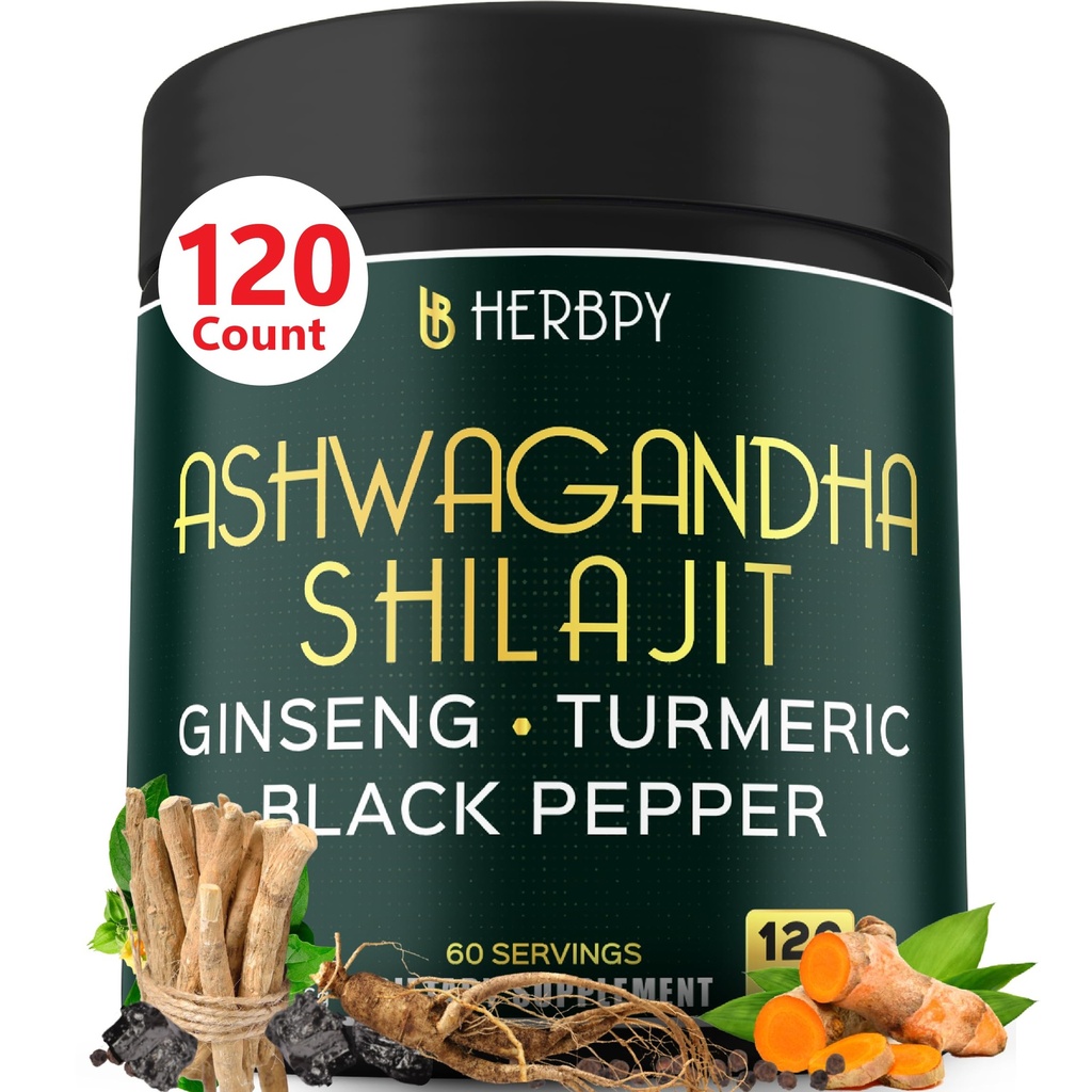 5in1 Ashwagandha Extra Strength with Shilajit for Stamina, Energy & Relax Support - Plus Ginseng, Turmeric Root & Black Pepper - 120 Count
