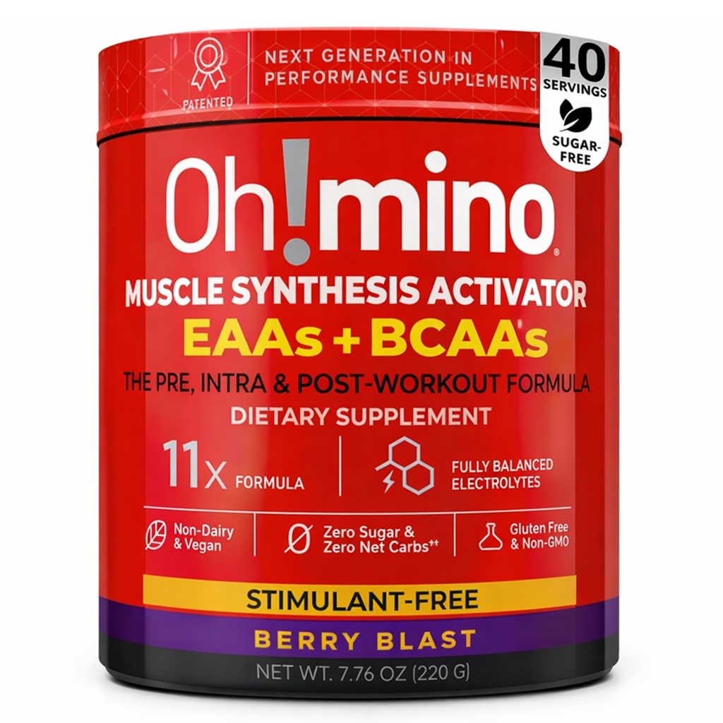 Suplemento de aminoácidos esenciales Oh!mino. Berry Blast, Stimulant-Free Powder. Los 9 EAAs, BCAAs y el Amino perfecto para los entrenamientos, Amino Energy, y para construir músculo, y recuperar más rápido.