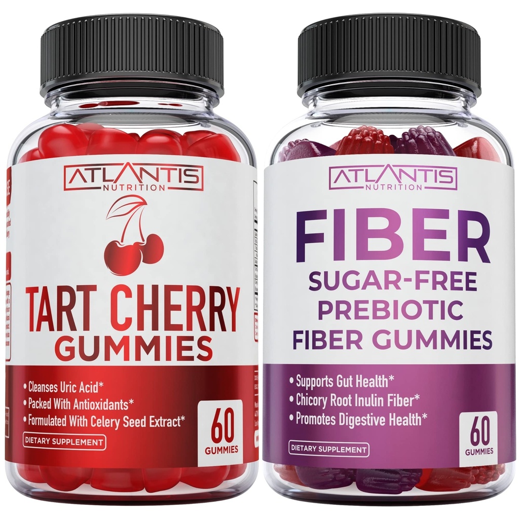 Atlantis Nutrición Tart Cherry 60 Gummies + Azúcar Gummies de fibra prebiótica gratis para adultos 2-Pack (120 Gummies)