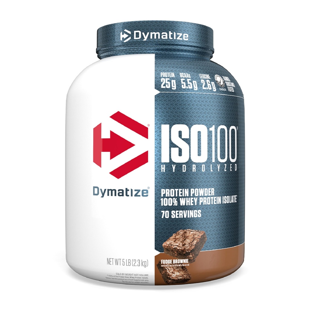 Dymatize ISO100 Whey Protein Powder Isolate, Fudge Brownie, 25g de Protein, 5 libras, 5.5g BCAAs, Menos Than 120 Cal., Gluten Free, 1g Fat, 1g Sugar, 2g Carb (70 Servings)