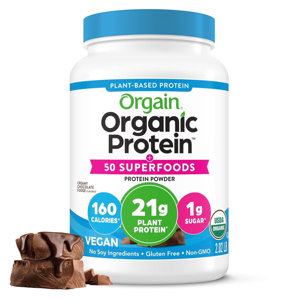 Orgain Orgain Orgánica Vegan Proteína + 50 Superfoods Polvo, Creamy Chocolate Fudge - 21g Planta Basada Proteína, 9g Fibra Prebiótica, No Lactosa, Gluten Gratis, No Añadido Sugar, 2.02 lb (Packaging May Vary)