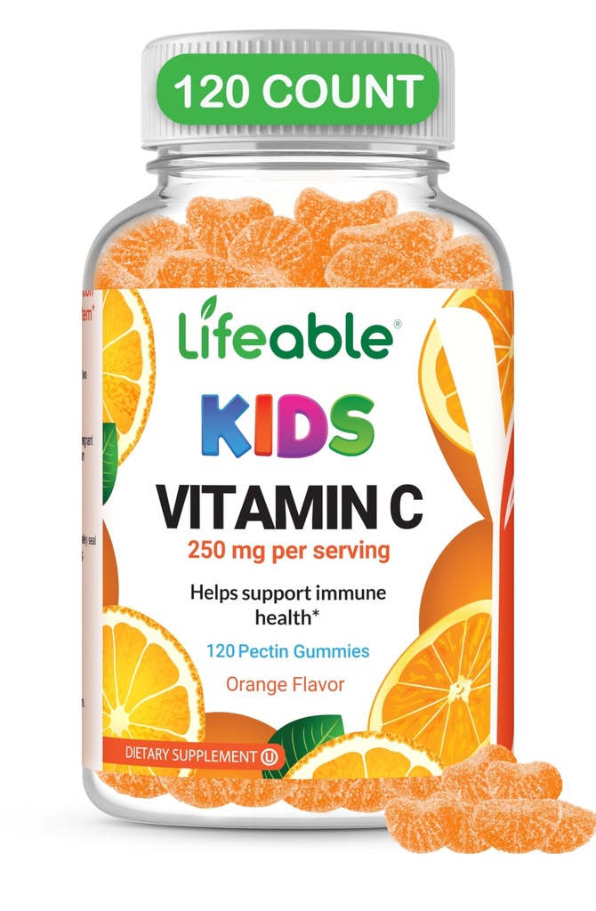 DOCTOR'S FINEST Vitamina C Gummies for Kids - Vegan, GMO Gratis &amp; Gluten Gratis - Great Tasting Orange Flavor Pectin Chews - Kids Dietary Supplement - 250 mg de Vitamina C - 120 Jellies [60 Doses]