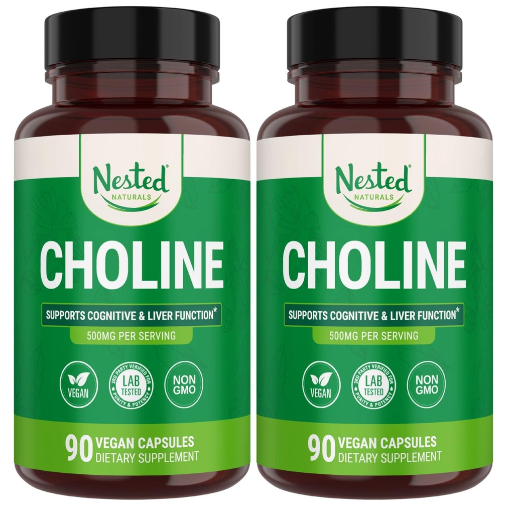 Anidados Naturales Choline Bitartrate 500mg - High Potency Choline Supplements - Supports Maternal & Fetal Health During Pregnancy* - 100% Vegan " Non-GMO - 2-Pack (180 cápsulas Vegan)