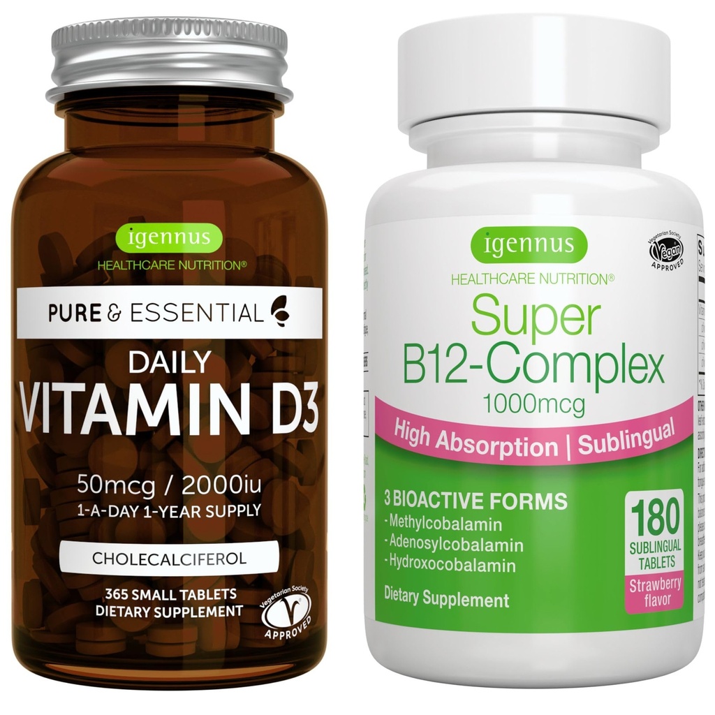 Vitamina D3 + Super B12-Complex, Bundle Vegetariano, 365 2000iu Vitamina D3 Tabletas + Alta Absorción Sublingual B12, por Igennus