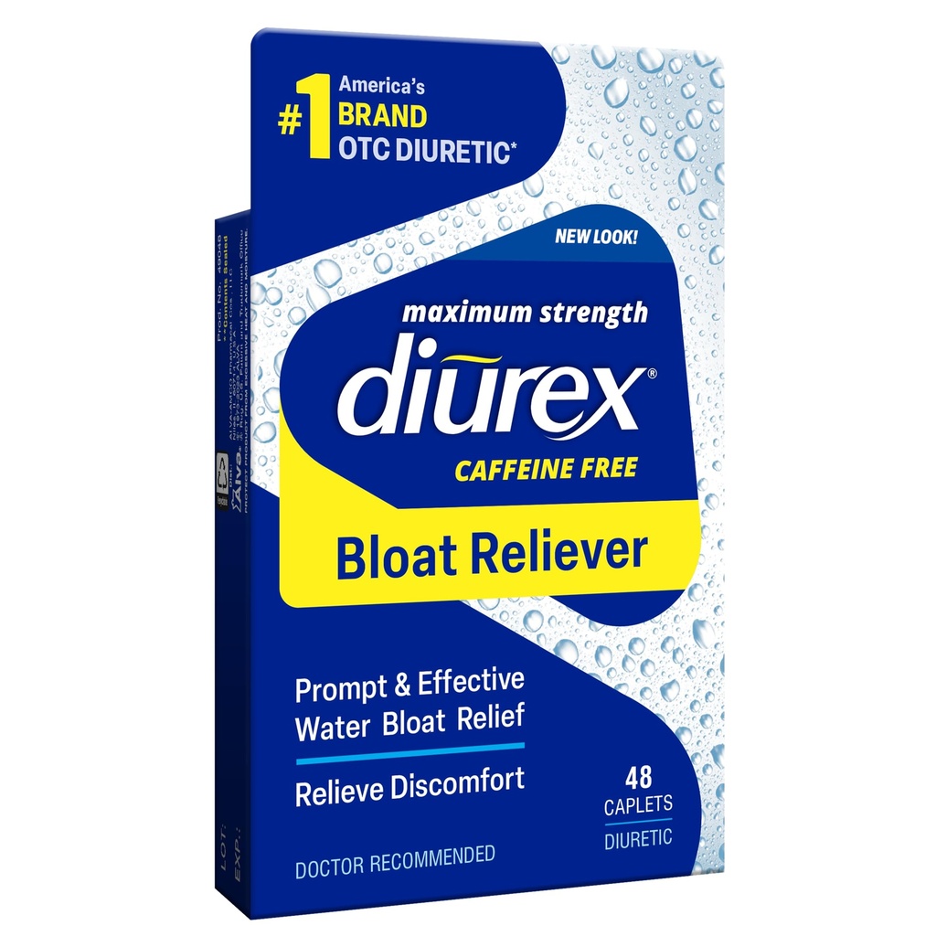 Diurex Caffeine-Free Bloat Relief, Maximum Strength, Relieve Water Bloat Discomfort, Hasta 6 Horas de Alivio, 48 Cuenta