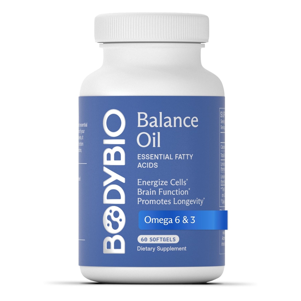 BodyBio Balance Oil - Vegan Omega 3 6 Suplemento – Cold-Presed Safflower & Flaxseed Oil – Soporta la función cerebral, la piel sana y el mood