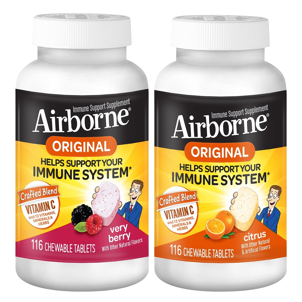 Airborne 1000mg Vitamin C Chewable Tablets Citrus &amp; Very Berry Flavor Bundle - Immune Support Suplemento con Zinc y Powerful Antioxidant Vitaminas A C &amp; E, (2x116ct bottles)*
