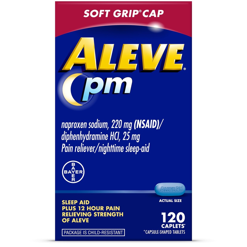 Aleve PM Sleep Aid Plus Pain Reliever Caplets, Naproxen Sodium &amp; Diphenhydramine HCl, Nighttime, 120 Conde