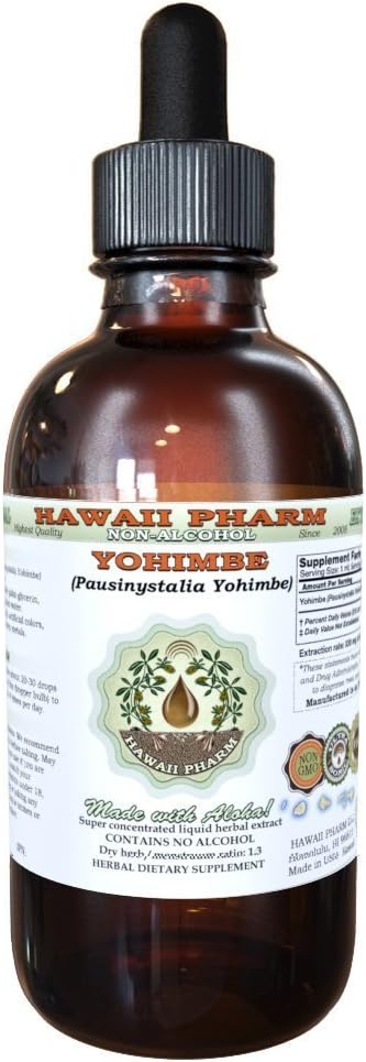 Hawaii Pharm Yohimbe Extracto líquido libre de alcohol, Yohimbe Liquid (Pausinystalia Yohimbe) Barco seco Glycerite Natural Herbal Suplemento, EE.UU. 4 fl.oz