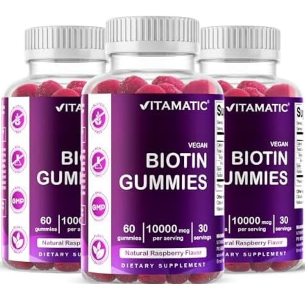 Vitamatic Biotin Gummies 10,000 mcg for Stronger Hair, Skin & Nails - 60 Gummies Vegan - También llamada Vitamina B7 (3 Botellas)