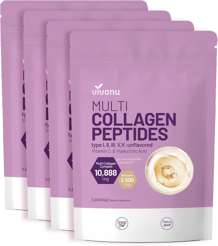 VivoNu Multi Collagen Peptides Powder, 16 Oz Hydrolyzed Protein Peptides ← Tipo I,II,III,V,X con ácido hialurónico, Biotina & vitamina C Unflavored Keto Paleo Friendly, Ez Mix in Drinks (4LB/4Pack)