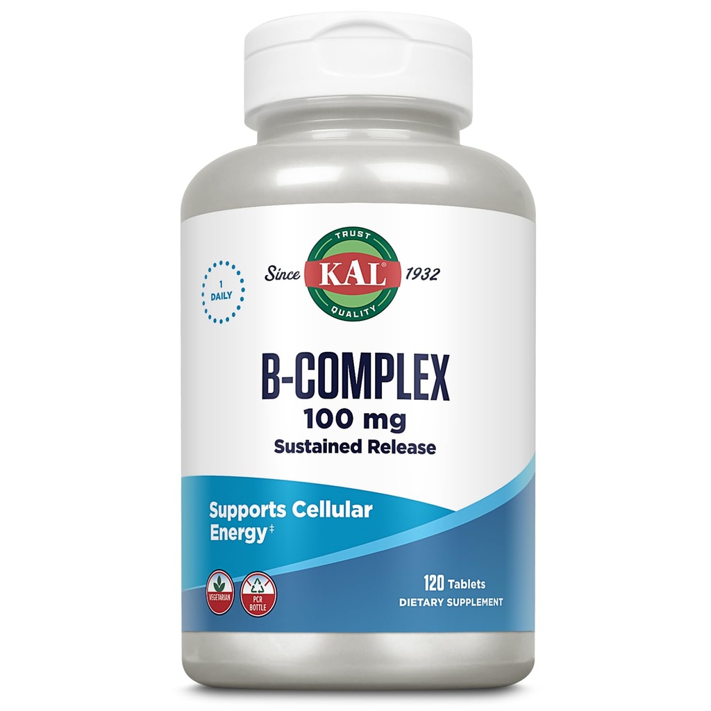 Complejo KAL B-100 - Complejo de liberación sostenida de vitamina B - Soporte energético saludable con base de apoyo natural y cocina de minería fresca - Vegetariano - 60 días garantía - 120 servicios, 120 tabletas