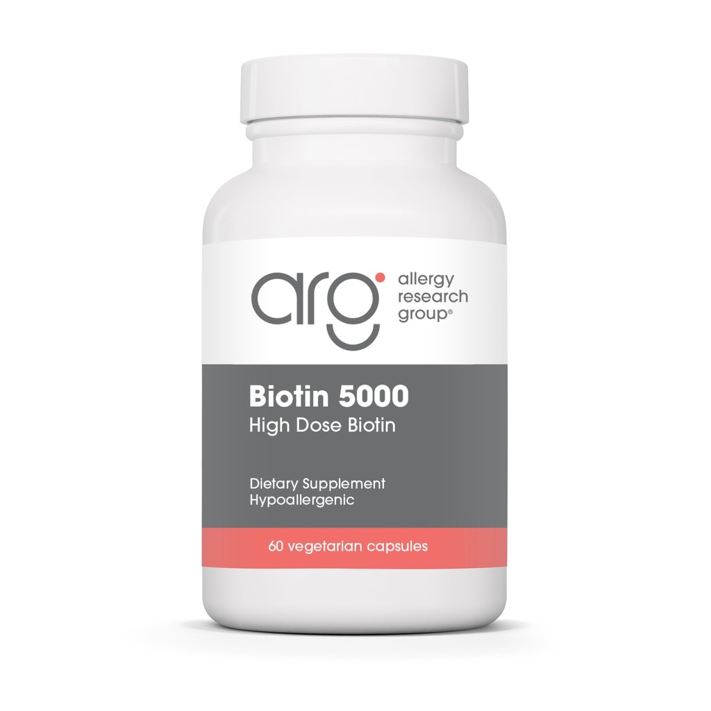 Grupo de Investigación de Alergia Biotina 5000 Suplemento - 5000mcg Biotina, Vitaminas para el pelo, la piel y las uñas, alta dosis, cápsulas vegetarianas, hipoalergénica, Gluten Gratis - 60 Conde