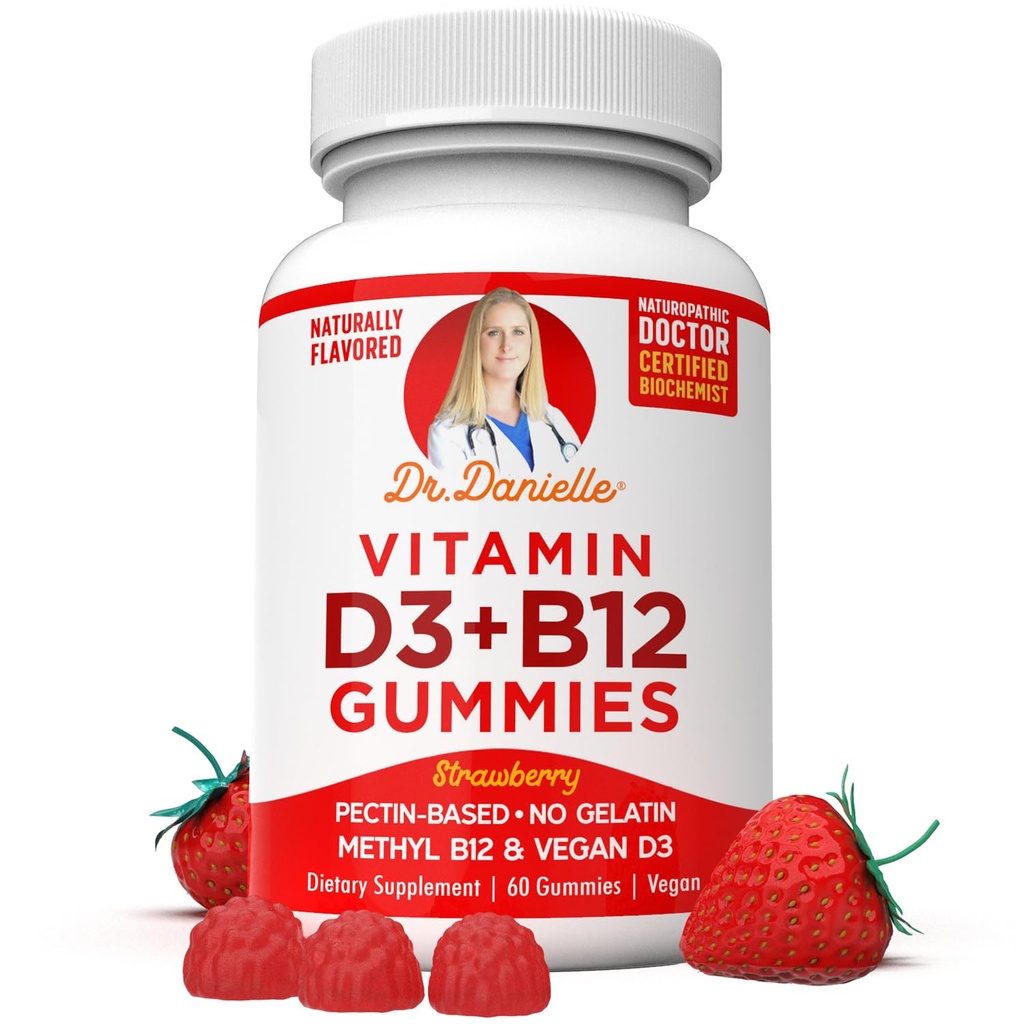Vitamina D3, B12 Gummies por Dr. Danielle, Vegan Daily Supplement for Adults &amp; Kids, Non-GMO, Vitamina D3 1000 UI &amp; 250 mcg Vitamina B12, 2 Month Supply (60 Gummies)