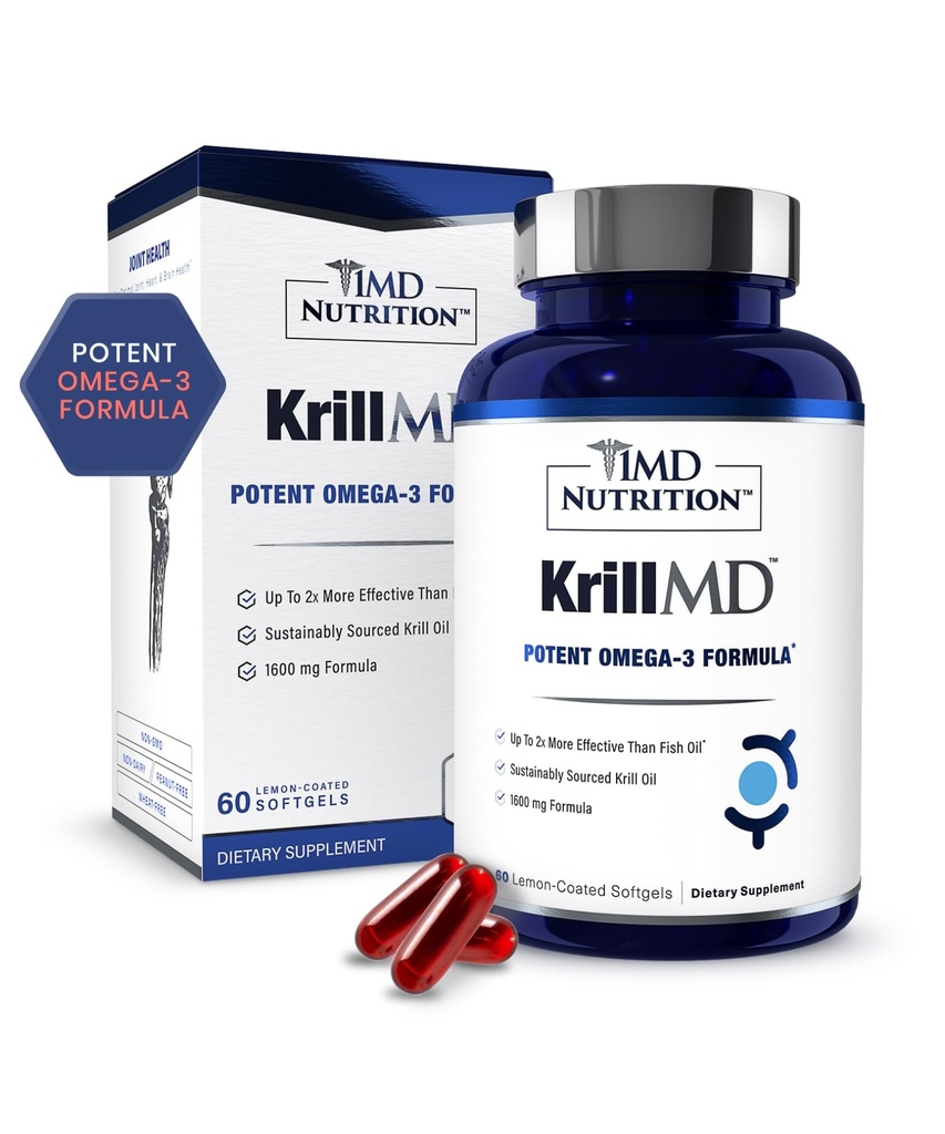 1MD Nutrición KrillMD - Aceite de Krill Antártico Omega 3 Suplemento con Astaxanthin, EPA, DHA TEN 2X Más Eficaz que el Aceite de Pescado TEN 60 Softgels