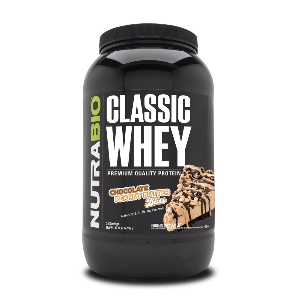 NutraBio Classic Whey Protein Powder- Full-Spectrum Amino Acid Profile - No Fillers, Colores Artificiales, Preservadores - Indice bajo de Glicemia - (Chocolate Peanut Butter, 2 libras)