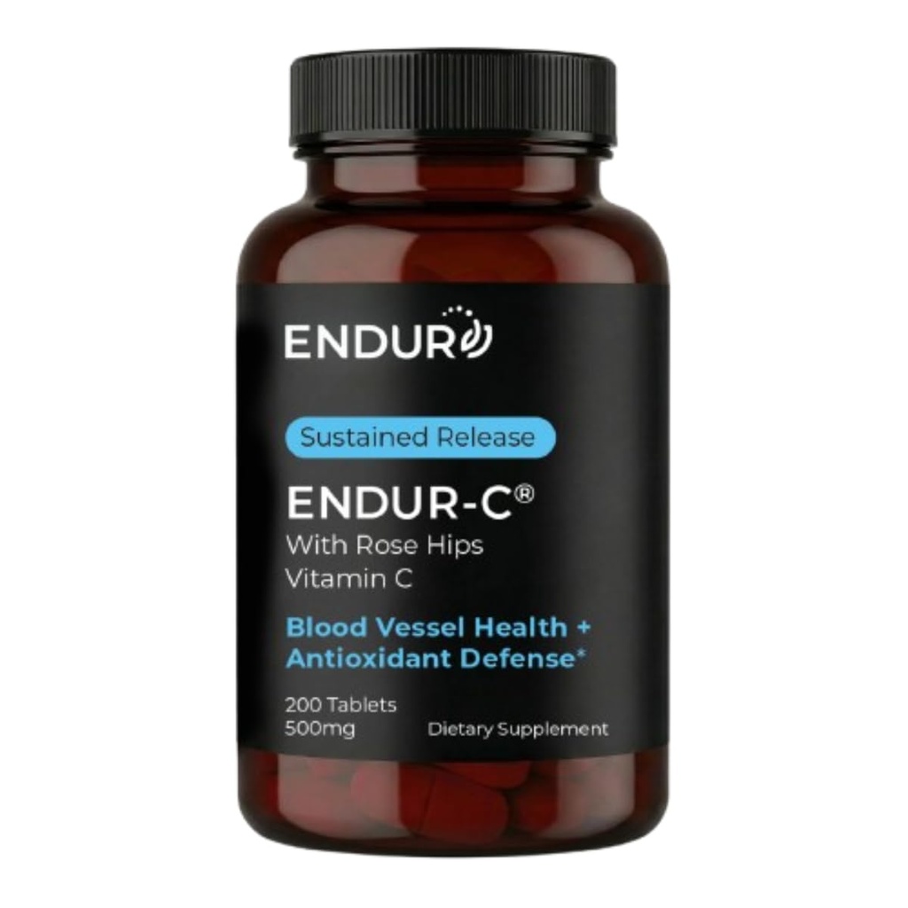 Endur ENDUR-C Vitamina C con Rosa HIPS, soporta la producción de colágeno, la protección antioxidante y la digestión suave, sin gluten, 500 mg (200 tabletas)