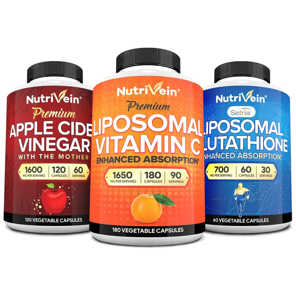 Nutrivein Premium Liposomal Glutathione, Apple Cider Vinegar Capsules, & Vitamina C Suplemento Bundle: Vitamina C, ACV Capsules, & Glutathione Suplemento Bundle for Cellular Defense & Detox