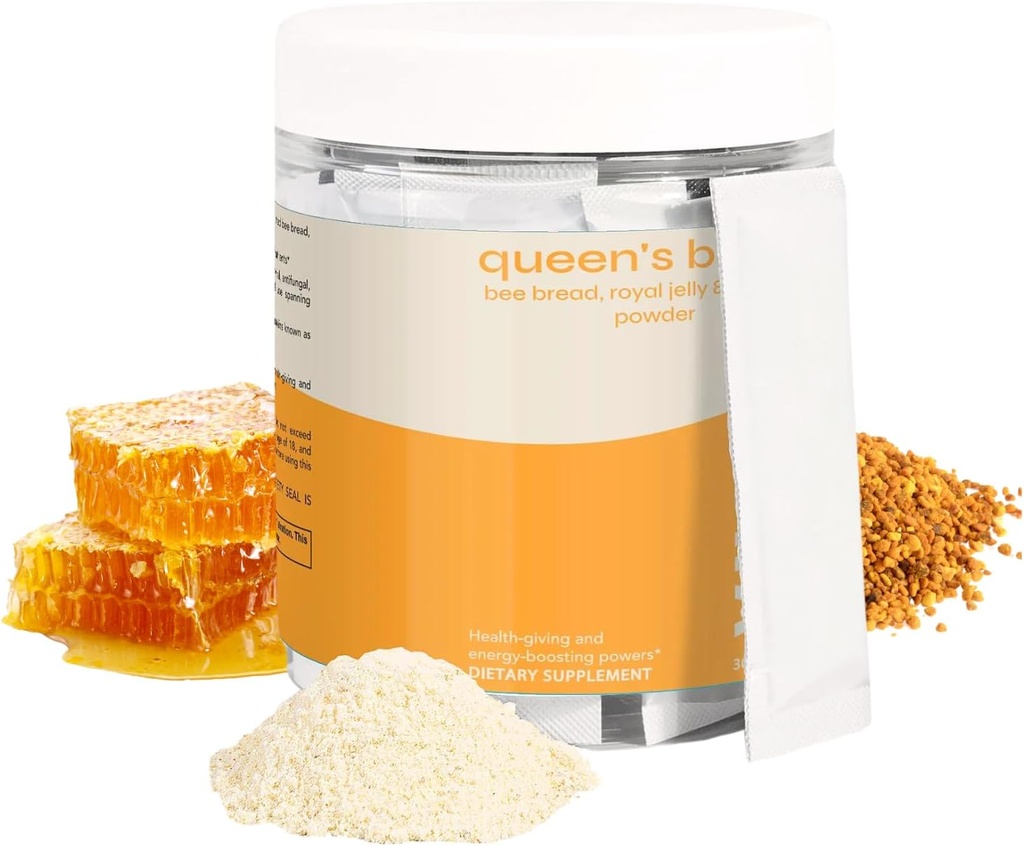 Pan de abeja libre de azúcar, jalea real y pólvora de propóleos con vitamina C - No GMO, inmune y apoyo energético- 30 Saquetos individuales por paquete, fuente de 30 días