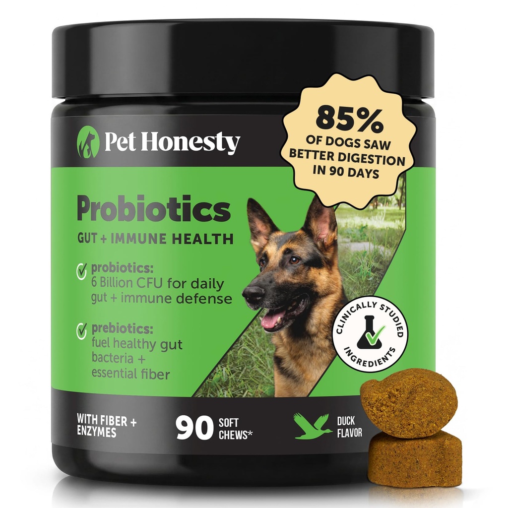 Probióticos de Honestidad Mascotas para Perros para Diarrea Ocasional & Bowel Apoyo, Enzimas Digestivos con Prebióticos para Salud Gut para Perros, Salud Inmunitaria & Itch Relief (Duck 90 ct)