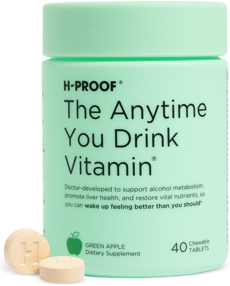 H-PROOF El tiempo que usted bebe Vitamina, Salud del hígado &amp; Immunity Support with Electrolytes, Milk Thistle, and Vitamins B &amp; C - 40 Chewable Tablets (20 Servings), Vegan, Green Apple