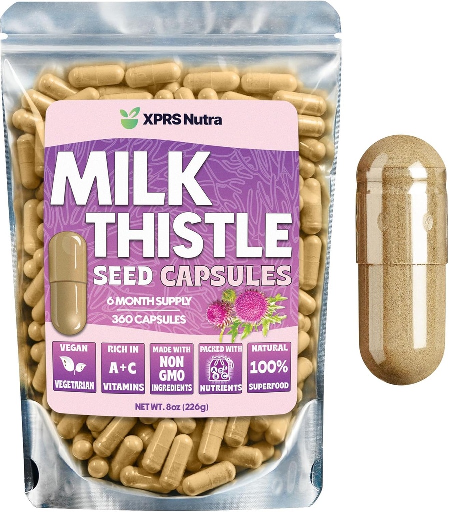 Milk Thistle Seed Capsules - 360 Conde (6 Mes de Oferta) Premium Milk Thistle Suplemento Rico en Silymarin para apoyar el hígado y la digestión - Puro, no GMO Cardo Mariano Milk Thistle Pills