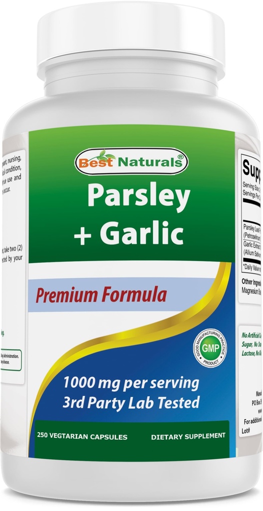 Best Naturals Parsley y Ajo 1000 mg por Servir 250 cápsulas vegetarianas. Gluten Free and Non-GMO.
