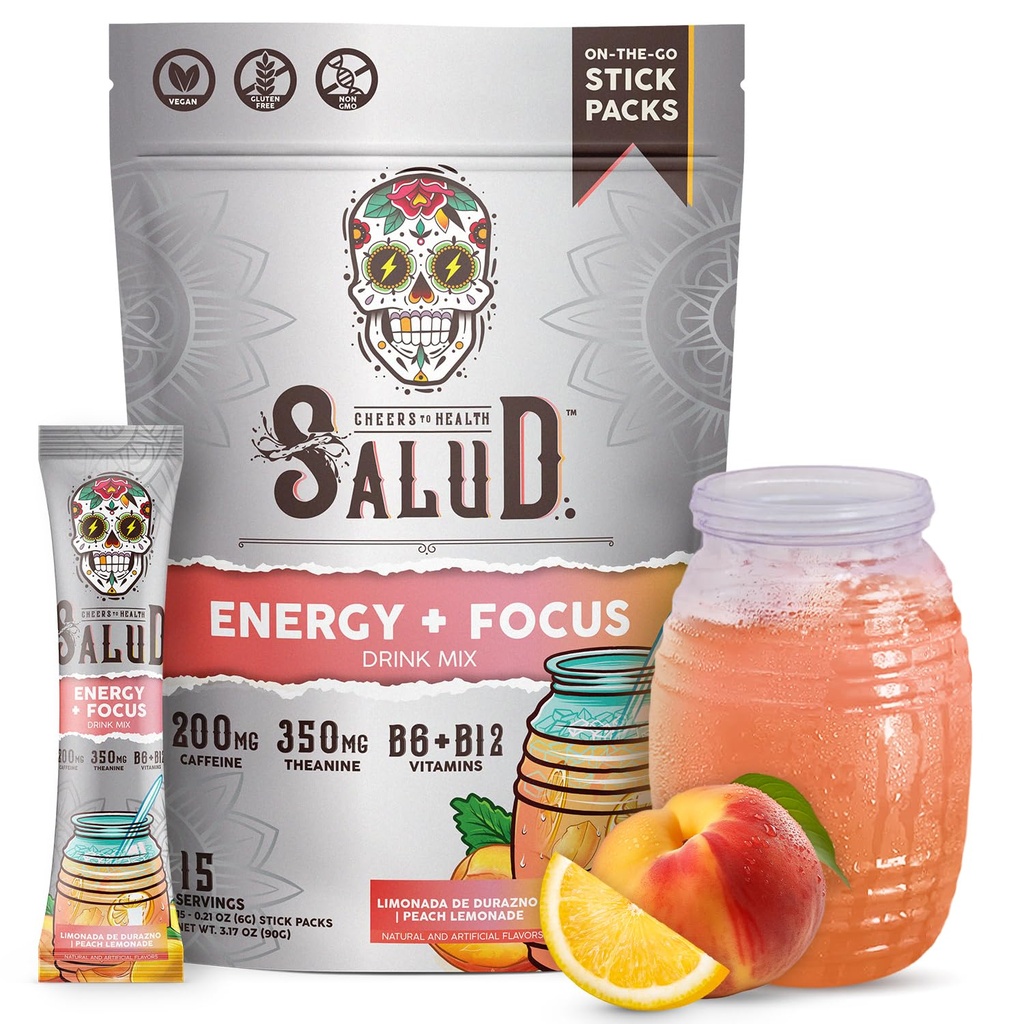 Salud 2-en-1 Bebida Energética Powder + Focus, Peach Lemonade, Caffeine Orgánica, B6 + B12, Theanine, Clean Energy Drink Packets, Agua Fresca Mix, Non-GMO, Gluten Free, Vegan, 1g de Sugar, (15 Servings)