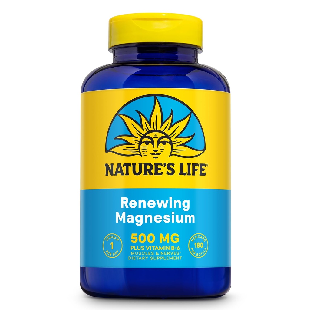 Natures Life Renewing Magnesium 500 mg - Plus Vitamina B-6 - Muscles and Nerves Support - Lab Verified (180 Servings, 180 VegCaps)