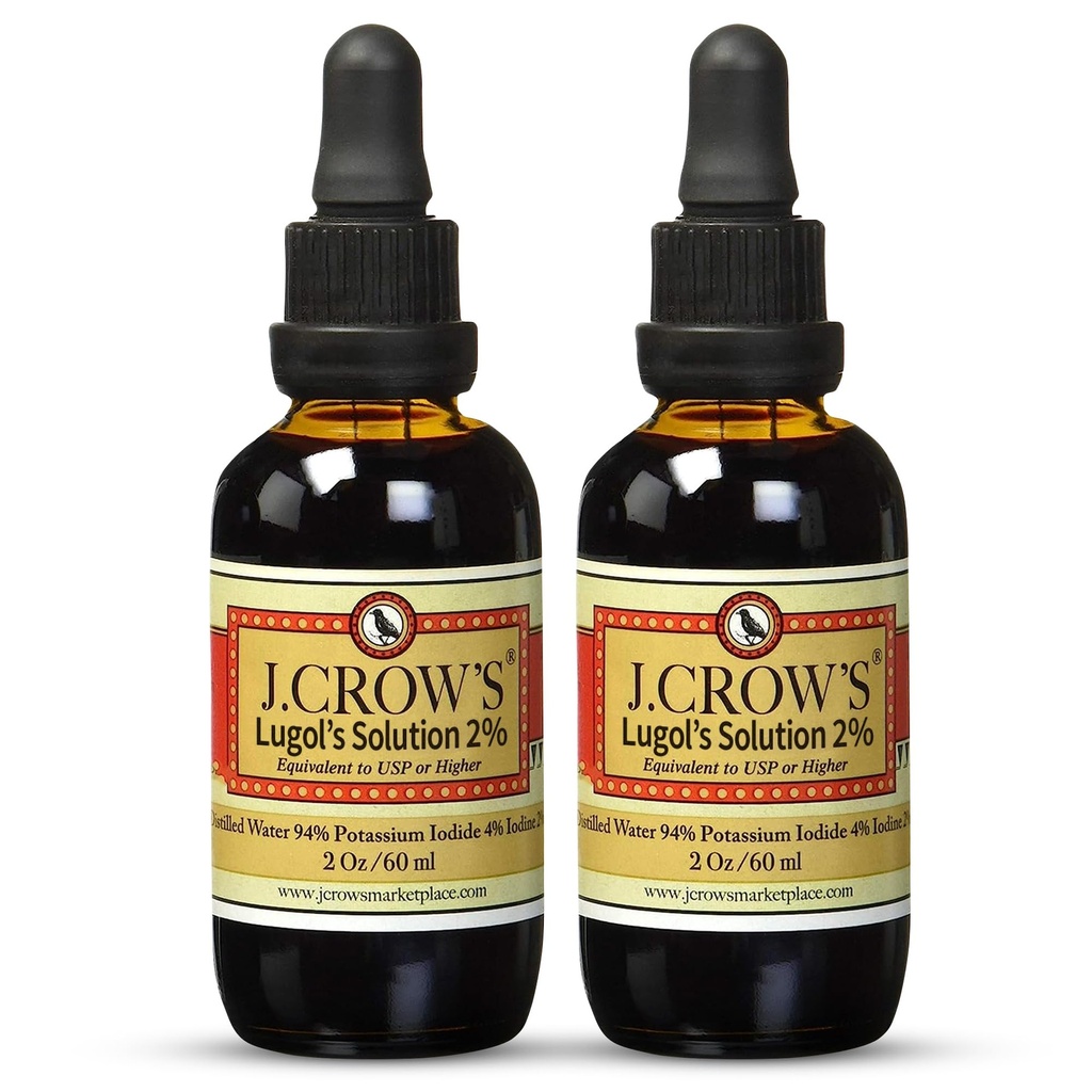 J.CROW'S® Lugol's Solution of Iodine 2% 2 oz (2 Botella) – Premium Iodine & Potassium Iodide Liquid, Gluten " , Extracto libre de alcohol, No Expiration