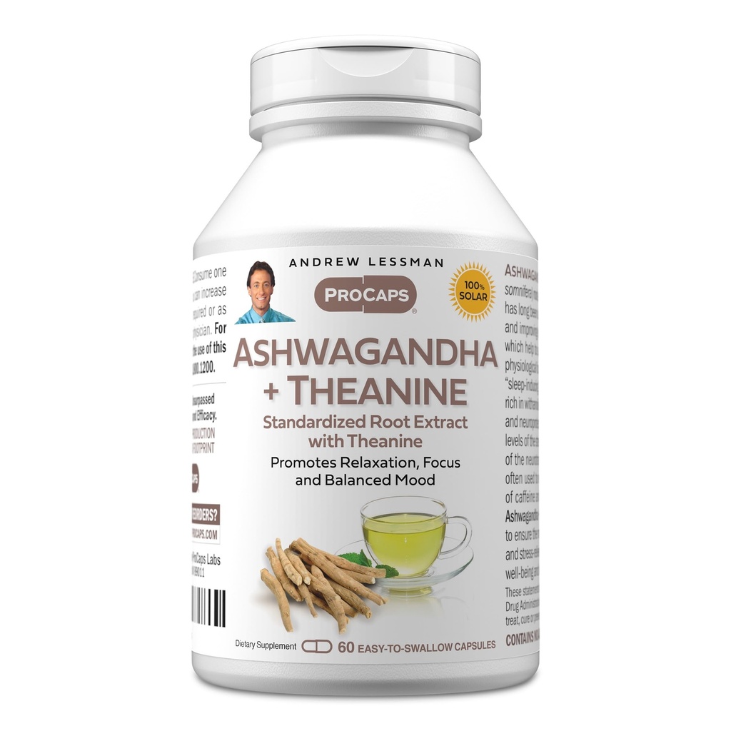 ANDREW LESSMAN Ashwagandha + Theanine 60 Capsules - Standardized Extract. Promueve Relajación, Focus y Mood Equilibrado. Cápsulas pequeñas fáciles de absorber