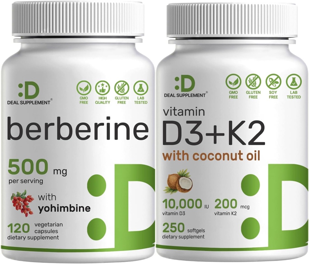 SUPLEMENTO DEAL Vitamina D3 10,000iu + K2 200mcg Softgels &amp; Berberina Suplemento con Yohimbine Bundle – Vitaminas de Sunshine esenciales con aceite de coco – Hidrocloruro de alta absorción