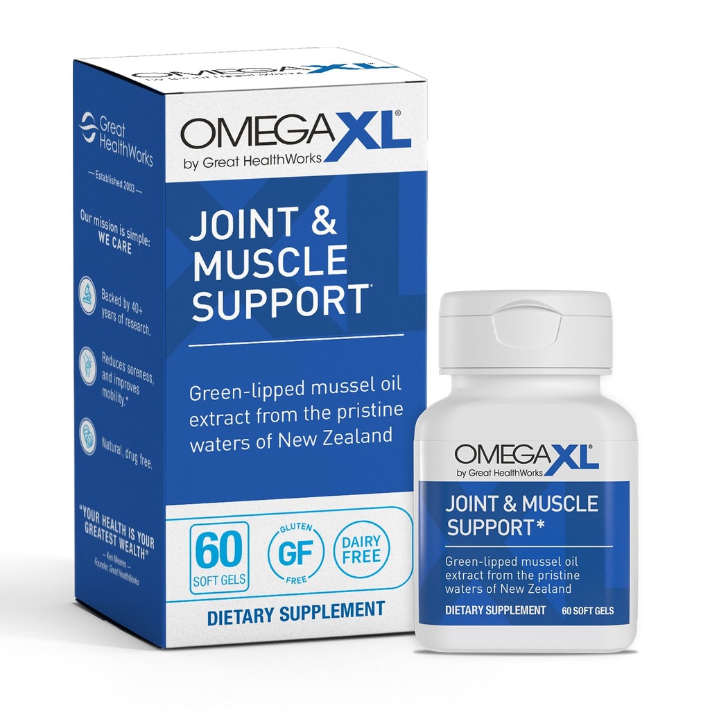 Suplemento de Soporte Conjunto OmegaXL, para Alivio - Apoyo al Musculo Natural, Aceite de Mussel Lipped Verde, Píldoras de gel suave, libres de drogas, 60 Conde