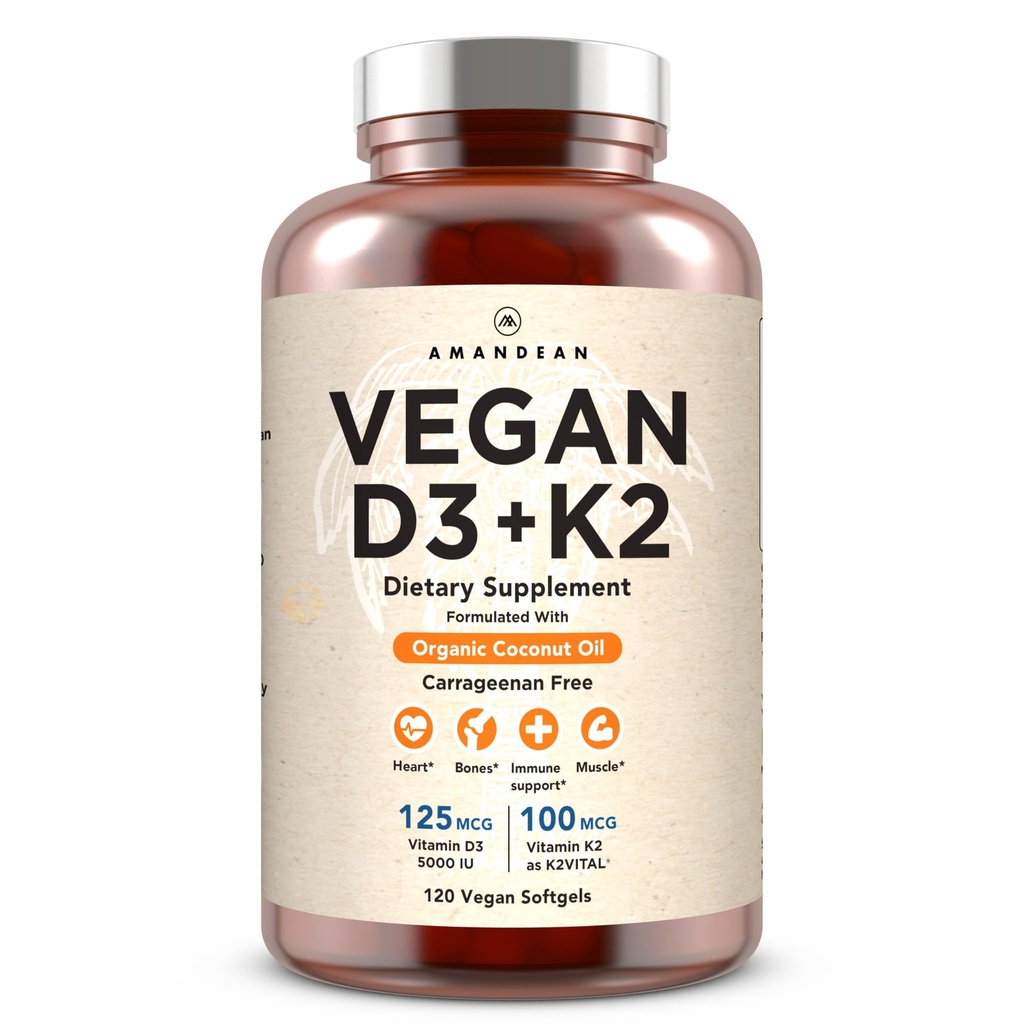 AMANDEAN Vegan Vitamina D3 K2. 5000 iu de Algae. All-Trans MK-7. 120 Softgels. Fundada en planta &amp; Carrageenan Gratis. Aceite de coco orgánico Blend. for Mood, Bones, Heart, Immune Health (Packaging May Vary)
