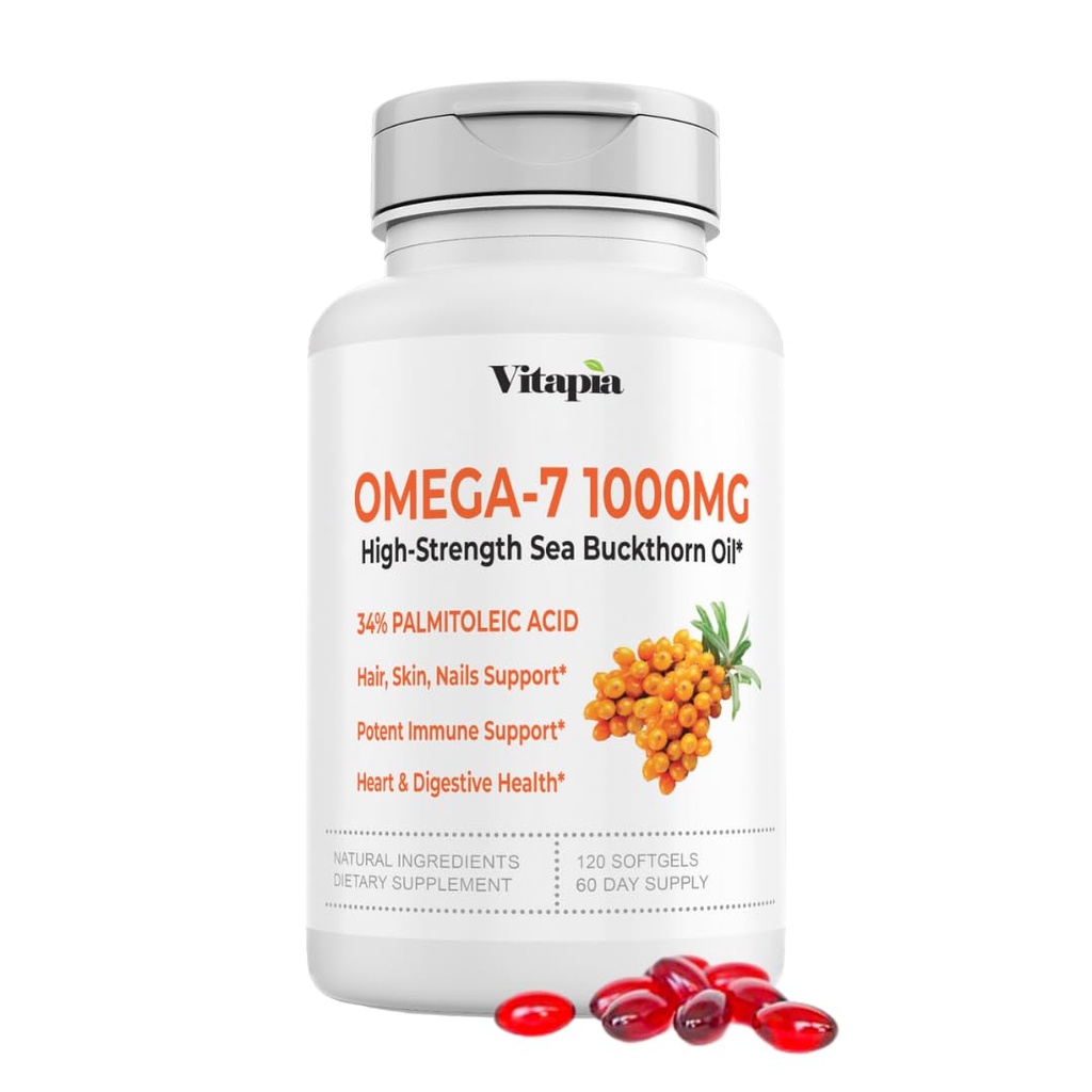 Vitapia Omega 7 Sea Buckthorn Berry Oil 1000mg for Hair, Skin, Nails, Heart Health Support - 34% Palmitoleic Acid &amp; Natural Omega 3 6 9 Fatty Acids Supplement - 120 Capsules, Non-GMO, Gluten-Free