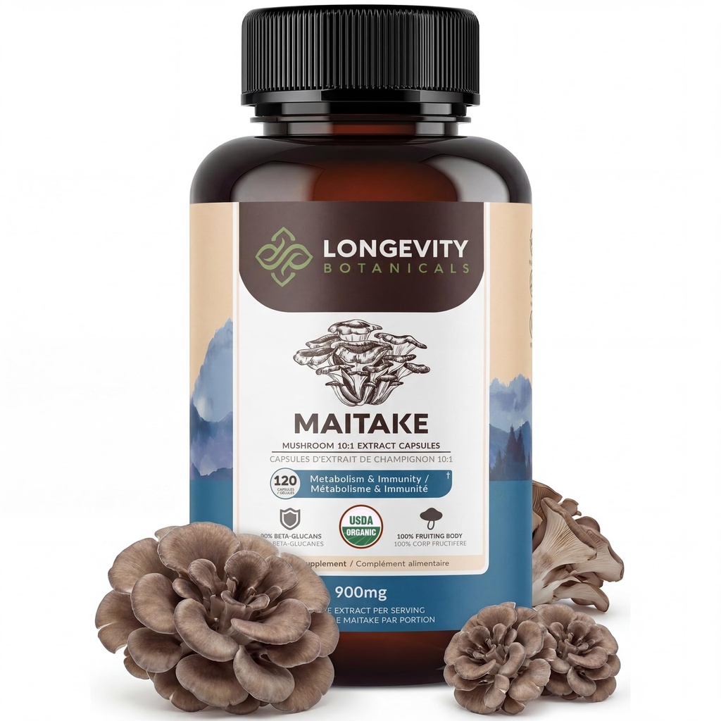 Longevity Botanicals Organic Maitake Mushroom Extract Capsules (120) ← Concentrado 10:1 Ratio tención 100% Fruiting Bodies  Grifola frondosa Natural Supplement for Gut Health &amp; Immunity Support