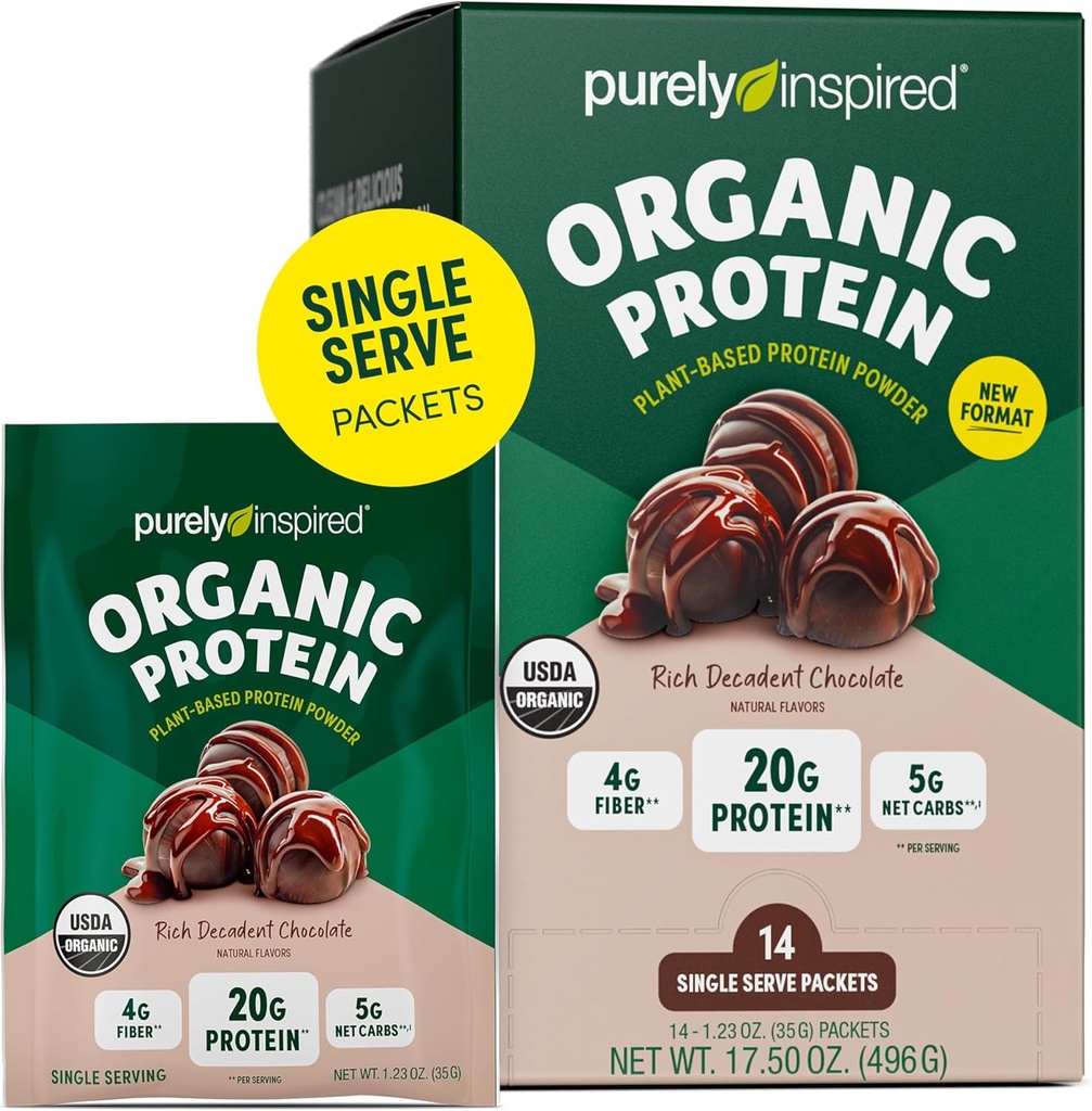 Purely Inspired Organic Protein Powder, 14 Single Serve Packets, Rich Decadent Chocolate - 20g of Plant-Based Protein Powder for Smoothies & Shakes - Dairy-Free, Non-GMO - for Men &amp; Women