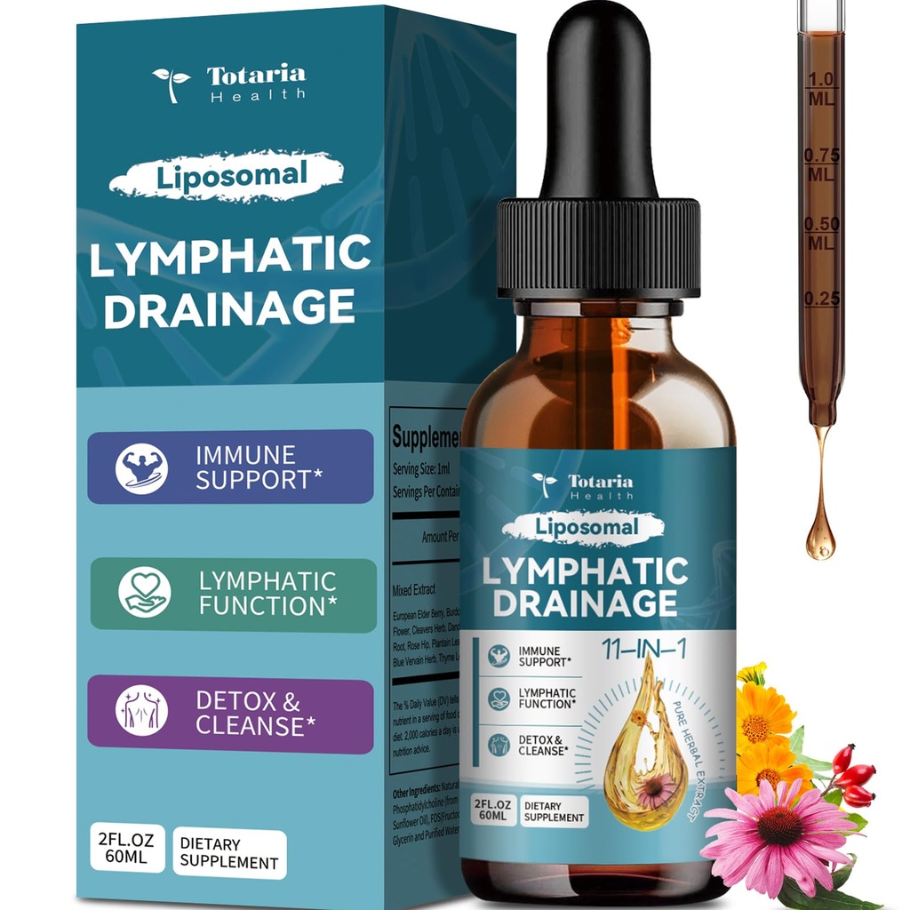 Liposomal Limphatic Drainage Drops - 11 in 1 Organic Lymphatic Drainage Supplement with Burdock Root, Echinacea, Elderberry, Calendula, Cleavers Herb, Dandelion Supports Lymphatic Health 2 FL.OZ