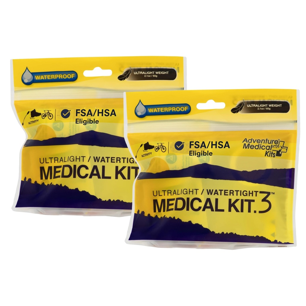 Adventure Medical Kits Ultralight & Watertight Medical Kit .3, 2 Pack | Features a Waterproof DryFlex Bag with Bandages, Gauze & Medications for Wound Care, Plus Moleskin for Blisters