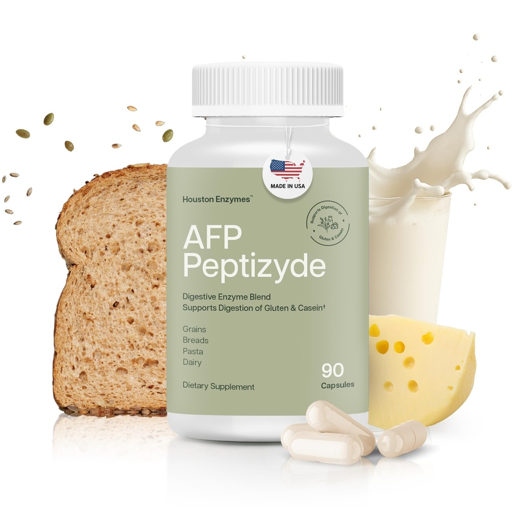 Houston Enzymes AFP Peptizyde - Combinación de Enzima Digestiva para Proteína, Casein " Proteínas Gluten - Enzimas Digestivas para Mujeres y Hombres (90 cápsulas)