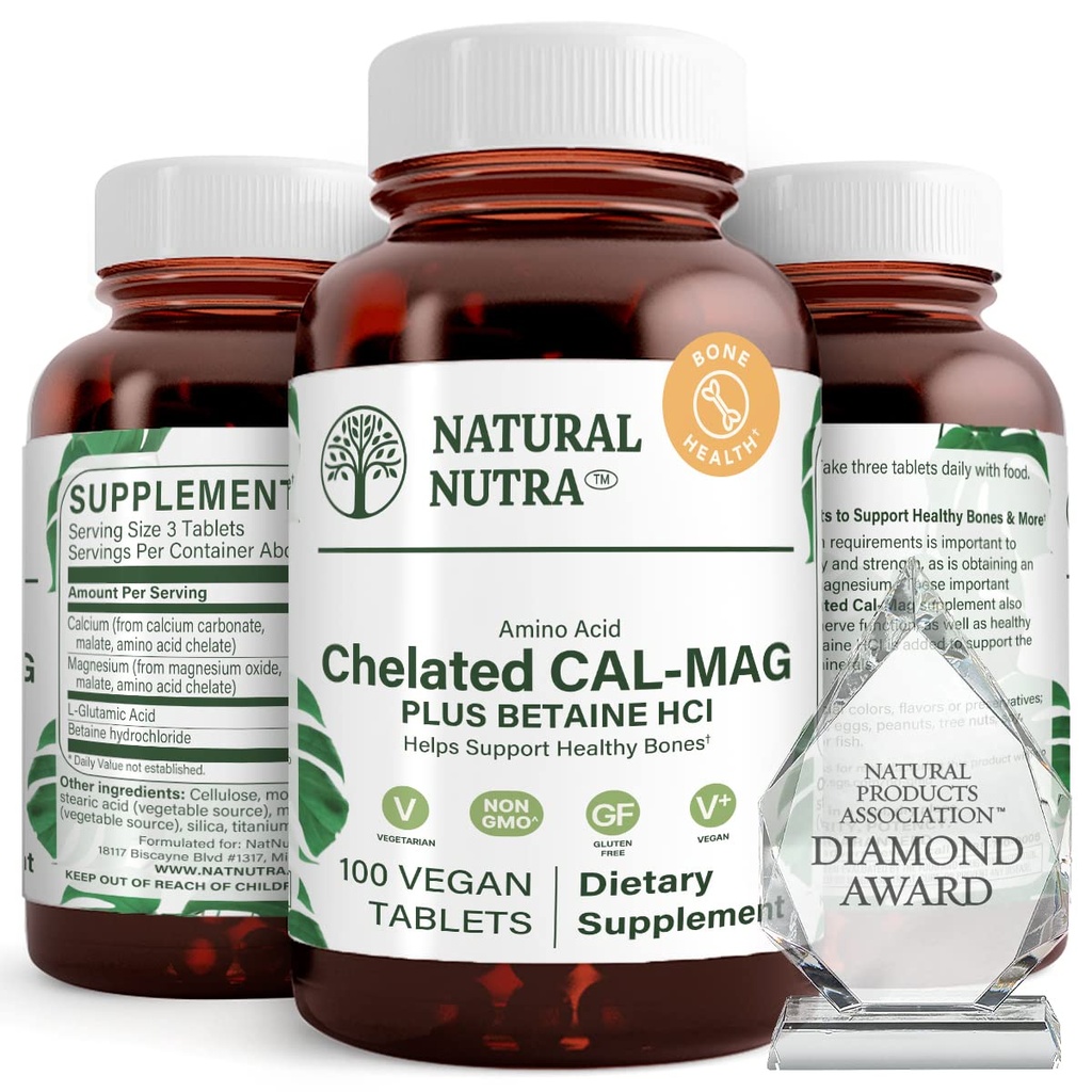 Natural Nutra Magnesio de calcio Chelated 1000/500 mg Suplementos Plus Betaine HCL - Cal mag Chelated mejora la densidad de los huesos, apoya el músculo, los dientes, la salud cardiovascular y nerviosa, 100 tabletas Vegan