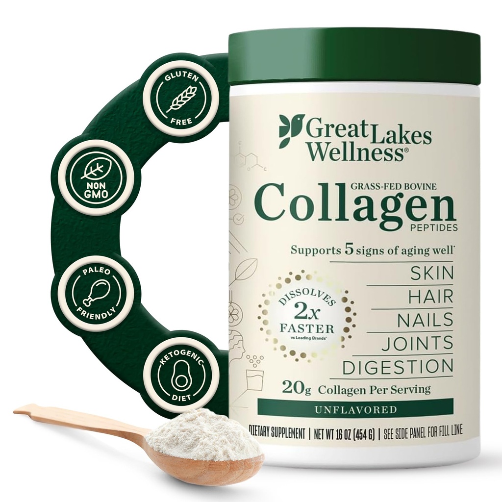Great Lakes Wellness Collagen Peptides Powder – Supports Skin, Hair, Nails, Joints & Digestion – Hydrolyzed, Quick Dissolve, Non-GMO, Keto & Kosher – Pure Collagen Protein (16 oz, 22 Servings)
