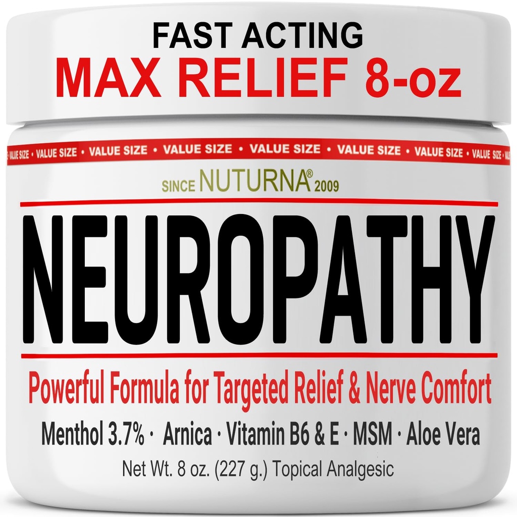 Crema de Alivio de Neuropatía - Actuación rápida Max Alivio para Manos de Pie Legs Toes - Ultra Strength Menthol, Arnica, Aloe Vera, MSM, Natural Soothing Nerve Relief - Extra Grande 8 oz
