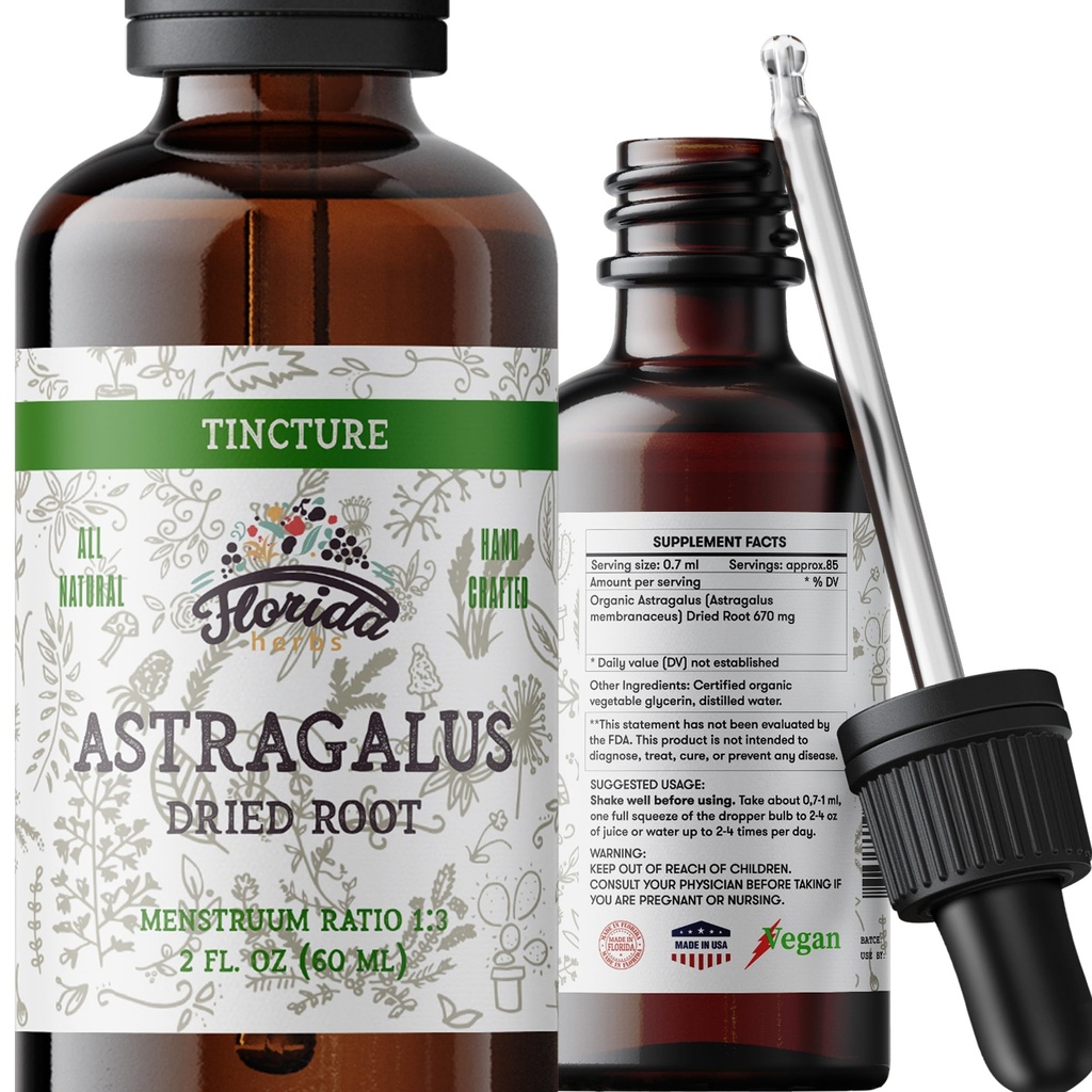 Astragalus Tincture, Orgánica Astragalus Extract (Astragalus membranaceus) Suplemento herbario, No GMO en Glicerina Vegeta orgánica prendida en frío, 700 mg, 2 oz (60 ml)