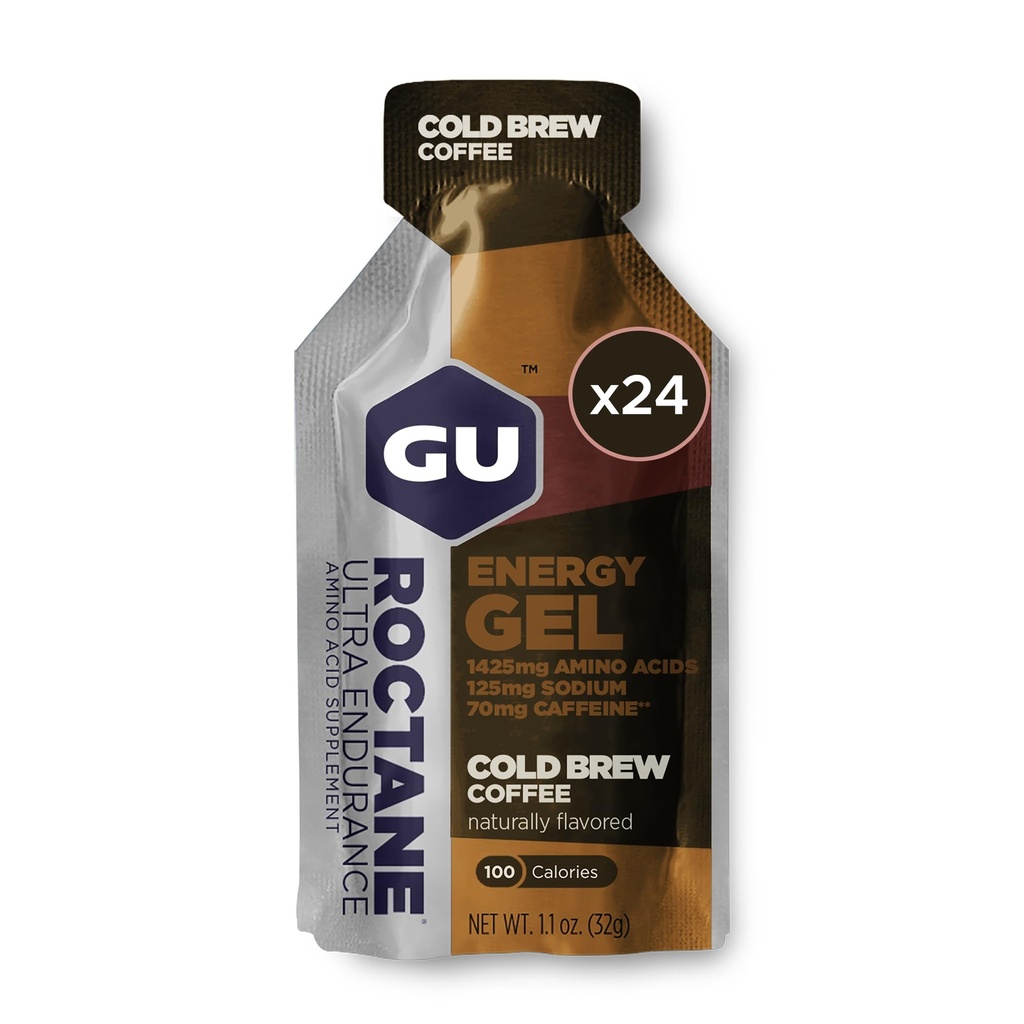 GU Energy Roctane Ultra Endurance Energy Gel, Vegan, Gluten-Free, Kosher y Dairy-Free On-The-Go Sports Nutrition for Running, Biking, Hiking or Skiing, Cold Brew 2X Caffeine (24 Packets)