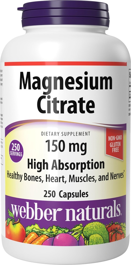 Webber Naturals Citrato de magnesio, 150 mg por cápsula, 250 cápsulas, alta absorción, ayuda a apoyar los huesos, dientes y el músculo adecuado " Función del corazón, gluten " lácteo