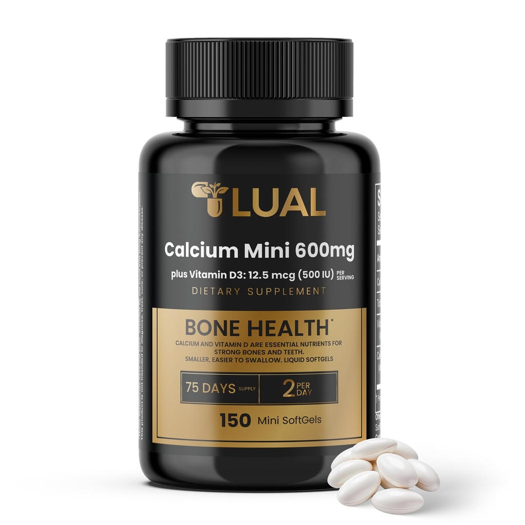 LUAL Calcio Minis 600 mg con vitamina D3 - Bono &amp; Muscle Support - 150 Mini Softgels - Fácil de Tragar - Calcio &amp; D3 para huesos fuertes y movilidad