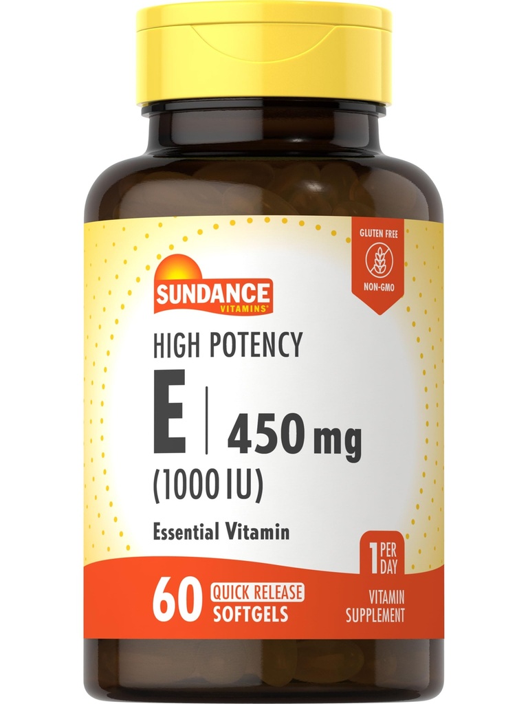 Sundance High Potency Vitamin E TENIDO 450mg (1000 UI) TENIDO 60 Softgels Silencioso Suplemento de Vitamina Esencial